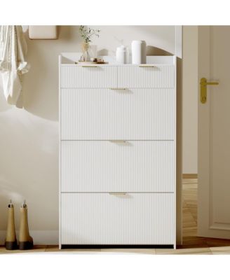 Modern Fluted Shoe Cabinet with 3 Flip Drawers, Slim Shoe Storage Organizer with 2 Drawers