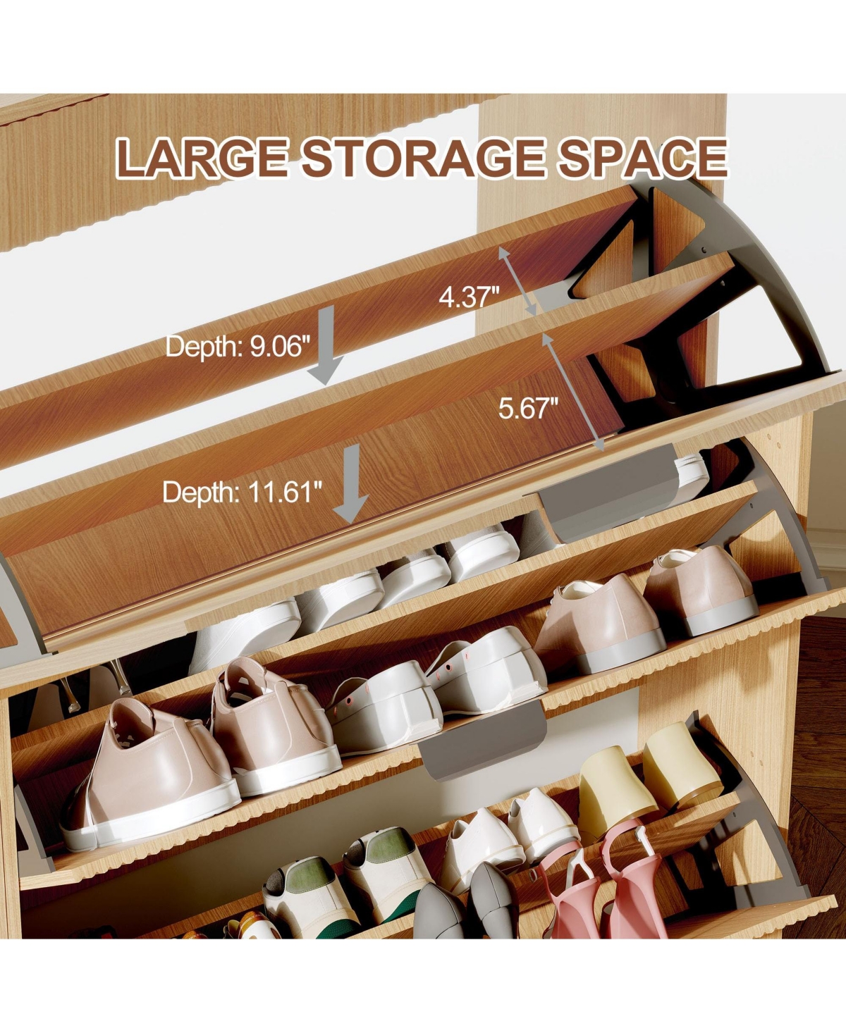 gaomon Modern Fluted Shoe Cabinet with 3 Flip Drawers, Slim Storage Organizer 2 Drawers