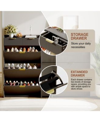 Modern Fluted Shoe Cabinet with 3 Flip Drawers, Slim Shoe Storage Organizer with 2 Drawers