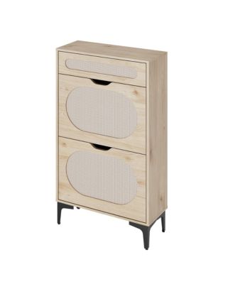 Shoe Cabinet, Rattan Shoe Storage With 2 Flip Drawer and 1 Pull-Out Drawer, Heavy Duty Metal Leg