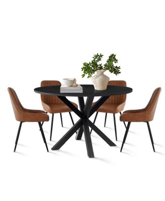 Modern 5-Piece Faux Leather Dining Set, Round Black Table with Metal Base and PU Chairs