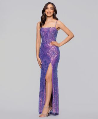Junior's Corset Sequin Spaghetti Strap Long Slim Dress