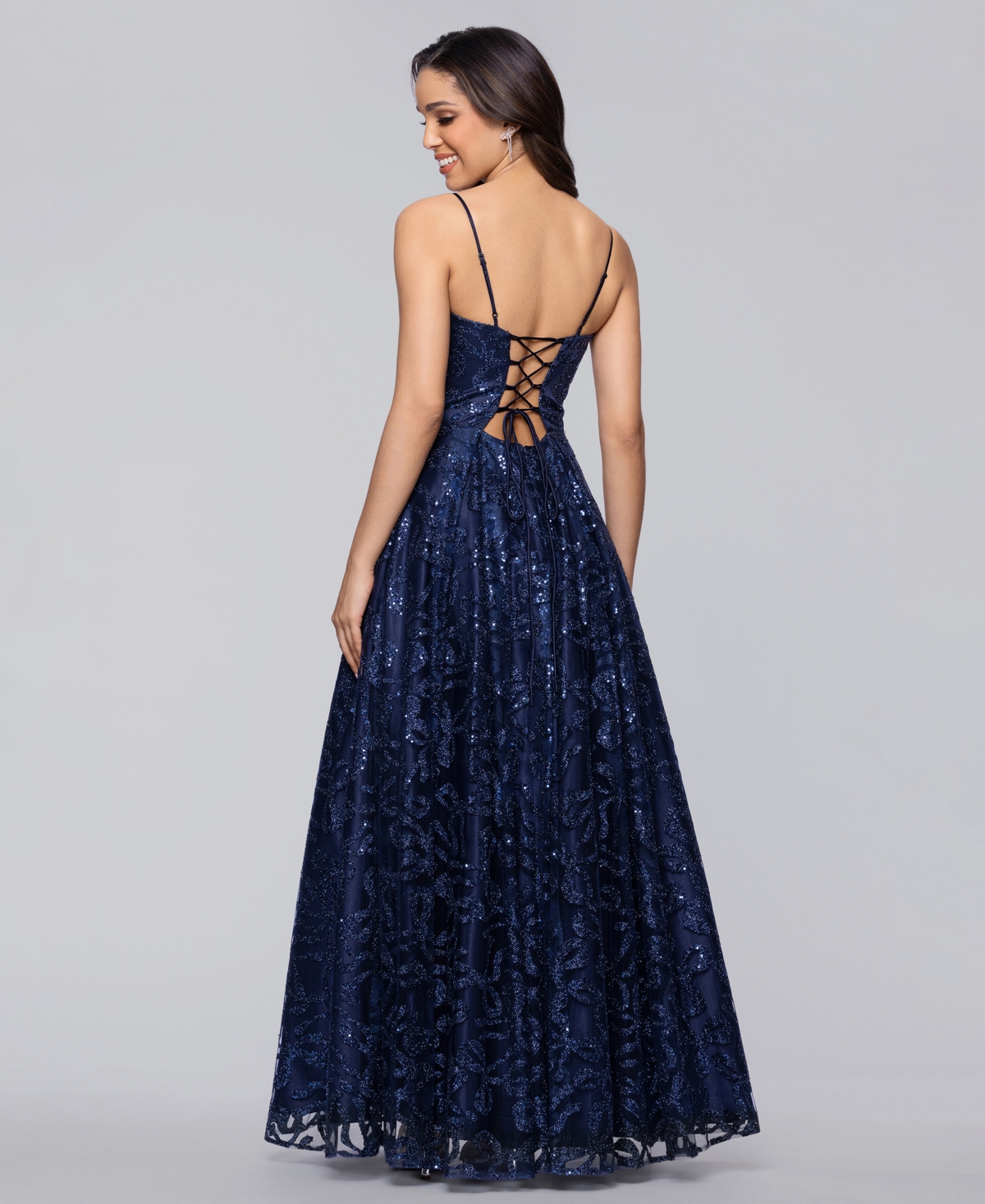 Blondie Nites Juniors' Bow Glitter Pattern Square Neck Ballgown