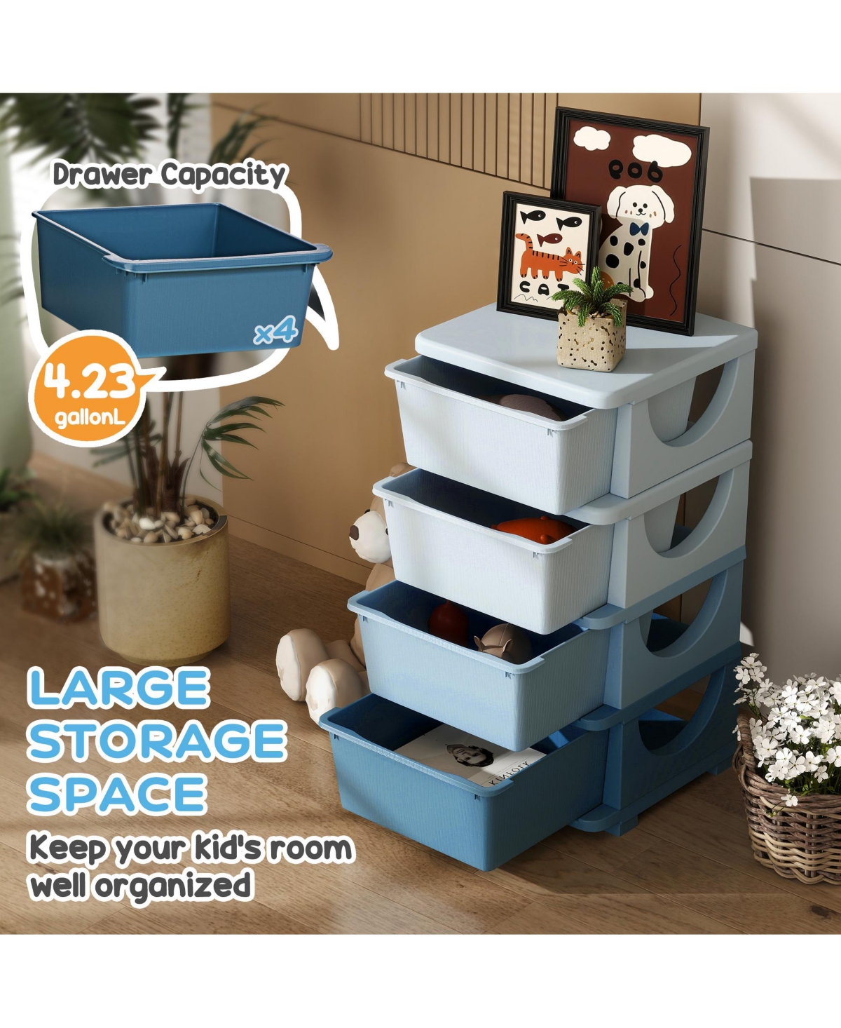 Qaba 30" 4 Tier Kids Storage Unit Dresser Tower,