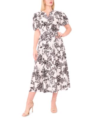 Plus Size Printed Puff-Sleeve Maxi Shirt Dress