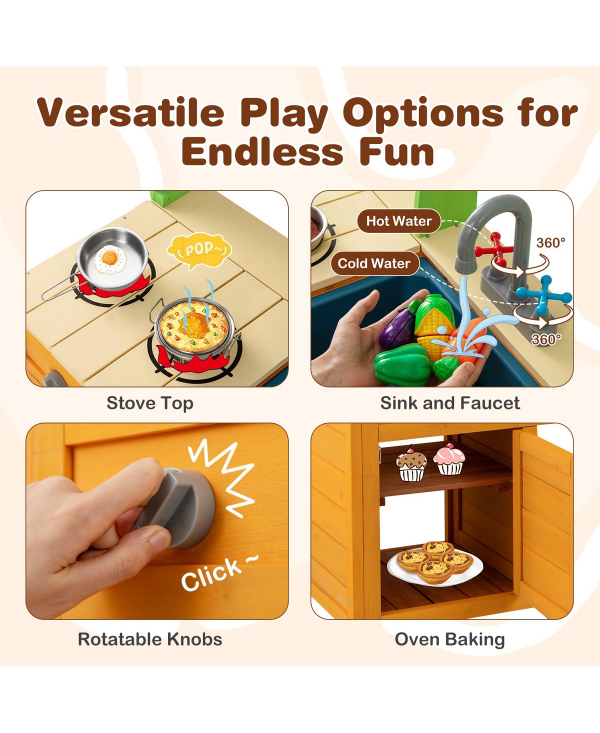 Hongge Wooden Outdoor Mud Kitchen Playset With Sink Stove And Accessories For Kids