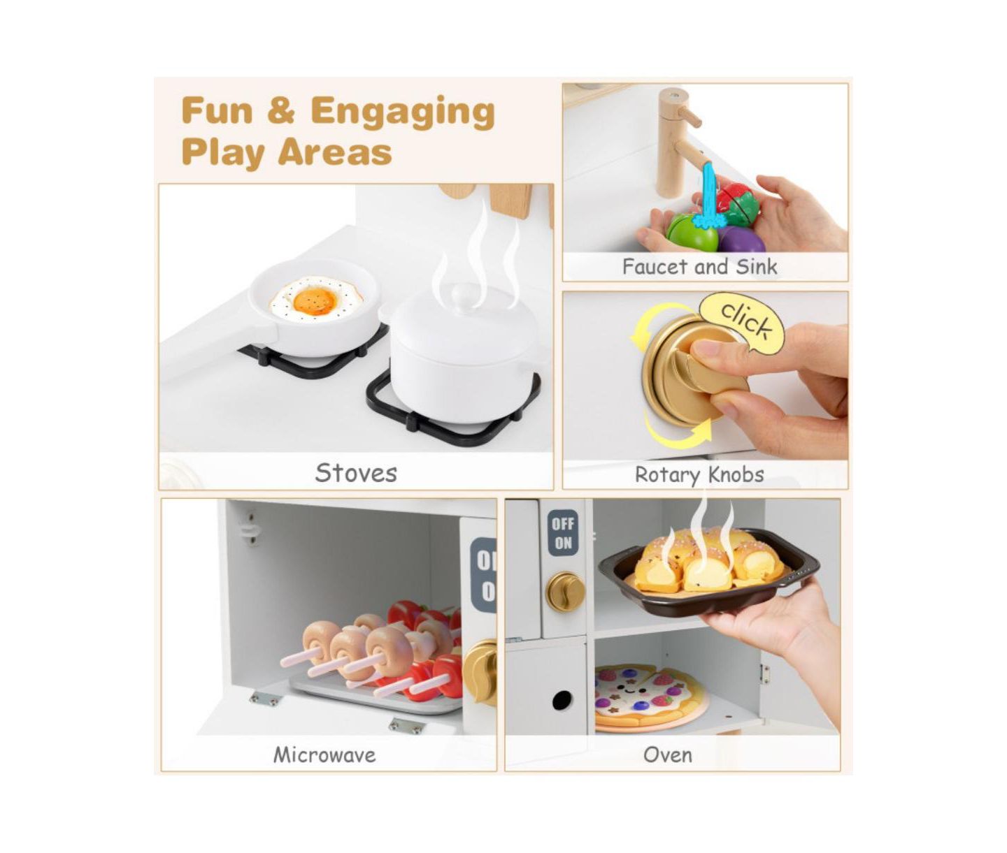 Детская игрушка HONGGE Wooden Play Kitchen with Stove, Sink, Microwave, and Oven, Ages 3+, цвет: Белый — фото 2