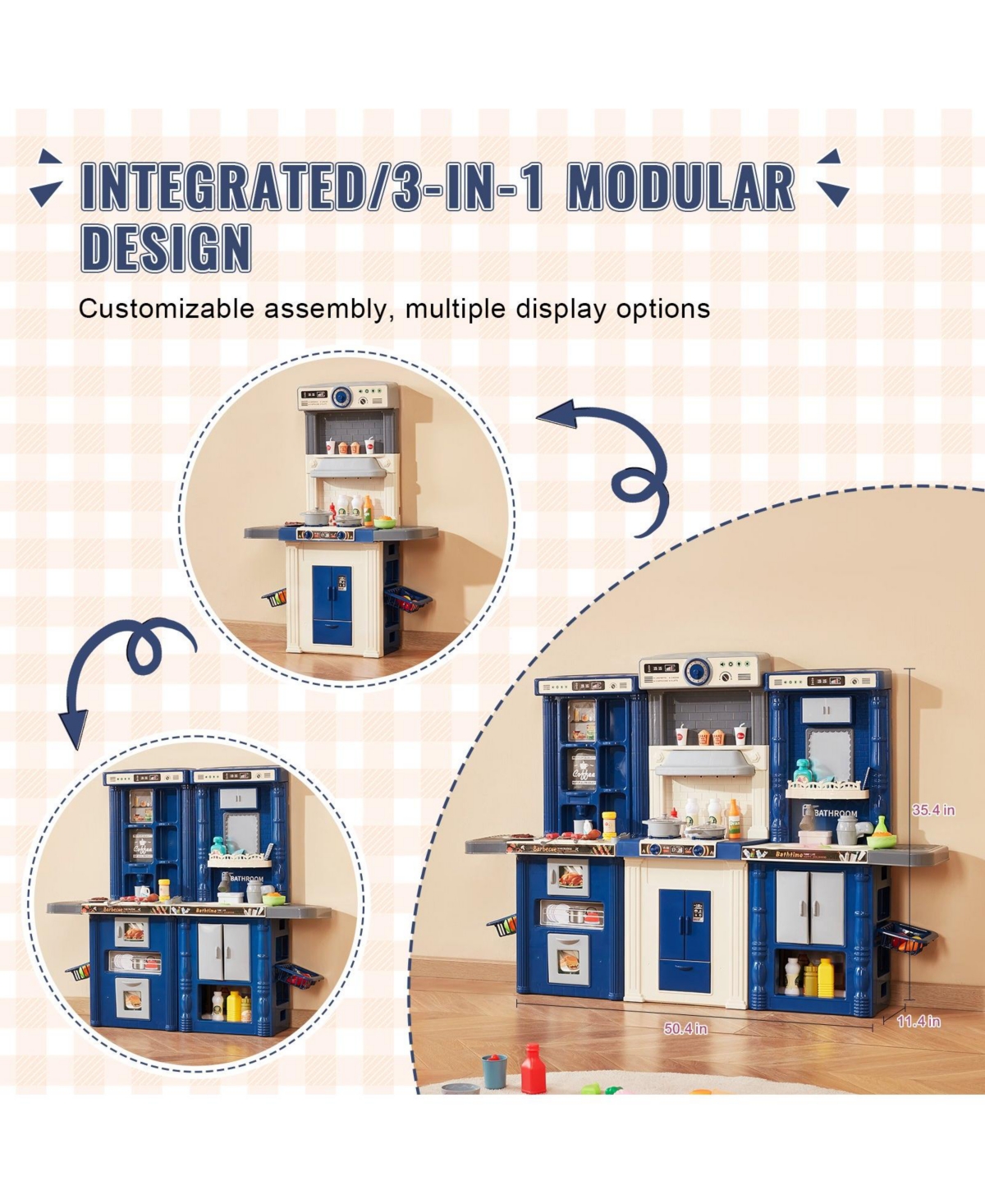 Mecale Kids Kitchen Playset, 3-in-1 Kitchen with Spray, Lights & Sounds, 74 Pcs Cooking Accessories, Pretend Play Set for Kids 3–8, Blue