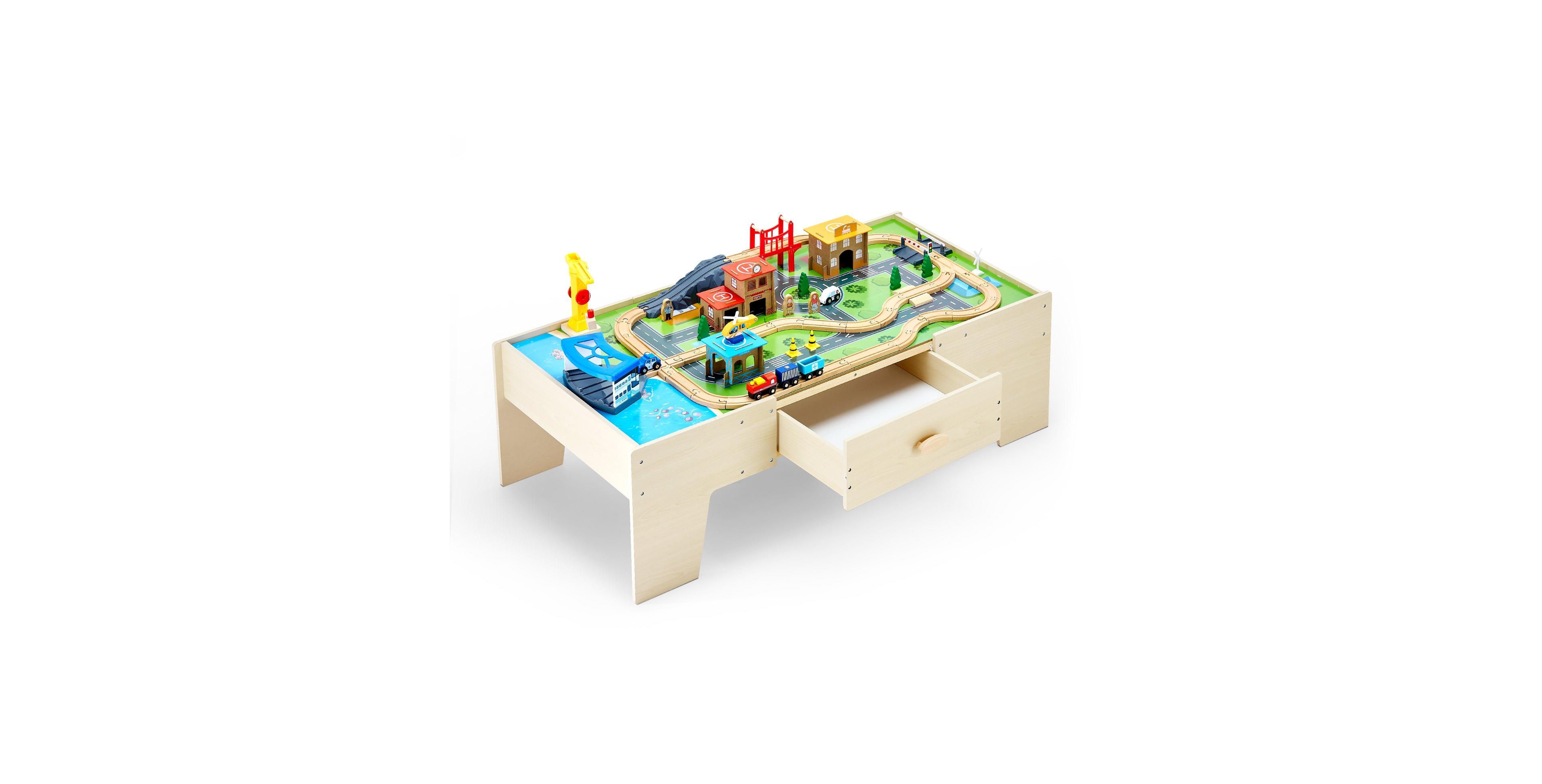 Mecale Train Table, 62 Pcs Wooden Activity Table with Large Drawer, 3-in-1 Train Set for Playing, Drawing & Reading, Toy for Kids 3