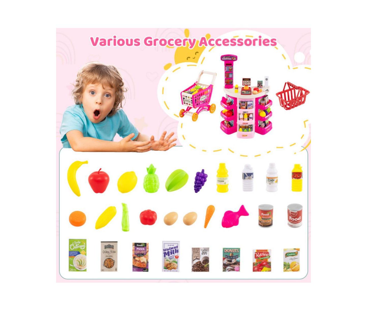 Детский игровой набор HONGGE 2-in-1 Light-and-Sound Scanner 76-Piece Supermarket Playset, Ages 3+, цвет: Розовый — фото 6