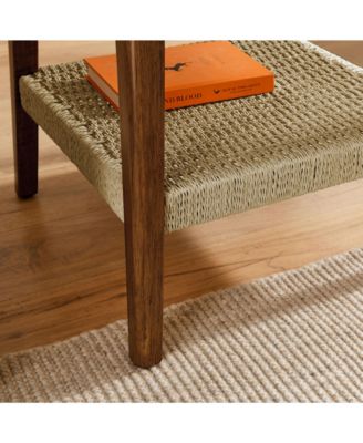 23 Inch Mid-Century Woven Shelf Side Table with Boho Storage in Dark Walnut