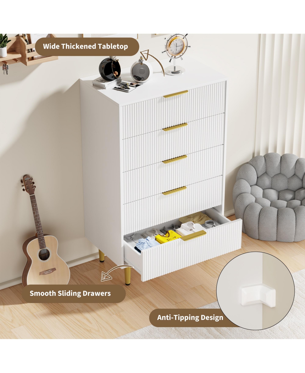 Gaomon Fluted Dresser for Bedroom,Wooden Chest of Drawers with Metal Handle & Feet
