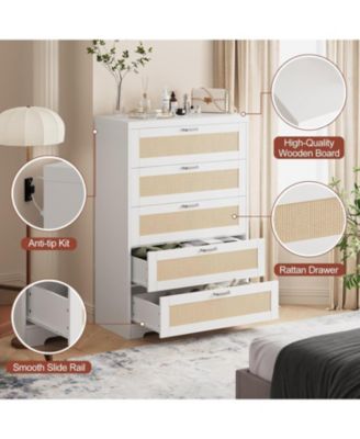 Tall Rattan Dresser with 5 Drawers,Wooden Spacious Storage Chest of Drawers