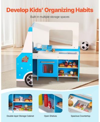 Ice Cream Cart for Kids, 20+ PCS Wooden Playset with Steering Wheel, Chalkboard, Scanner, Faucet & Freezer, Pretend Toy for 3-7