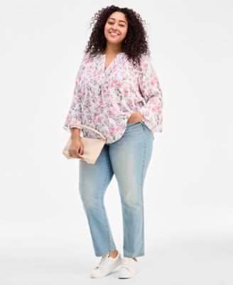 Plus Size Floral-Print Pintucked Top