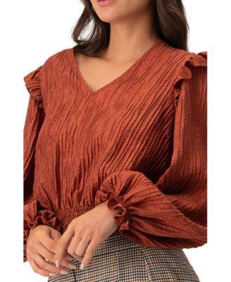 Women's V-Neck Smocked Blouse with Ruffle Sleeves