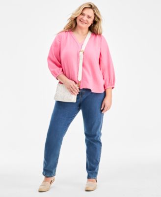 Plus Size Cotton Gauze V-Neck Top