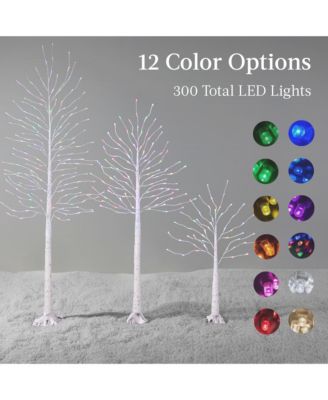 Set of 3 Lighted Twig Birch Trees, 4ft, 6ft, 8ft w/ 300 LEDs, Warm White, Multicolor Lights