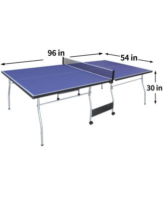 8FT Foldable Mid-Size Table Tennis Table with Net, Paddles and Balls, Portable Blue MDF Ping Pong Table for Indoor Home or Office Games-Rbied
