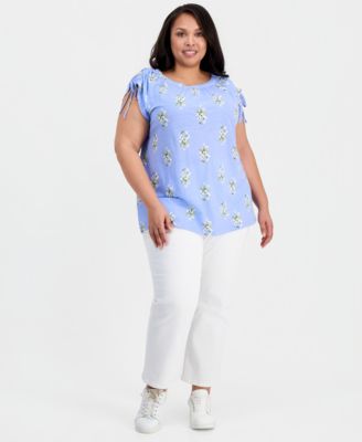 Plus Size Printed Ruched-Shoulder Top, Macy's Exclusive
