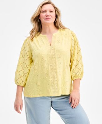 Plus Size Solid Split-Neck Eyelet Top