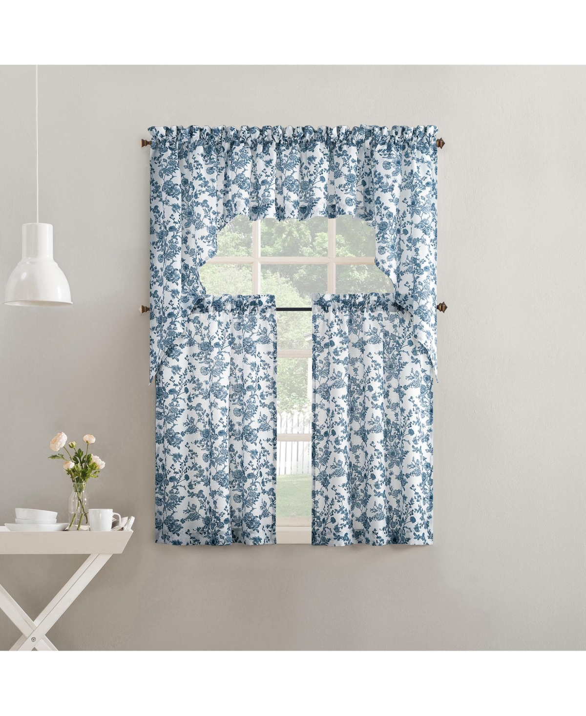 No. 918 Elodie Tonal Botanical Semi-Sheer Rod Pocket Kitchen Curtain Swag Pair