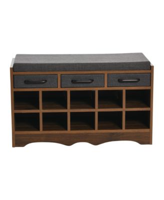 Entryway Storage Bench with Drawers, Shoe Compartments and Cushioned Seat in Mid Century Walnut Wood Grain