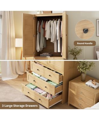Armoire Wardrobe Closet with Drawers, 69.5" Wooden Wardrobe Cabinet with Hanging Rod, 2 Doors Clothing Storage Cabinet