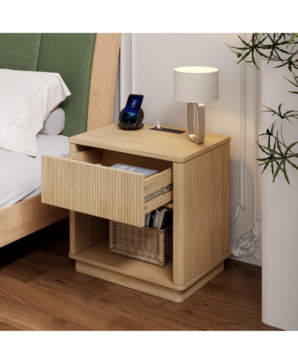 21.65" Modern Nightstand with Built-in Charging Station, Mdf Bedside Table with Usb Port