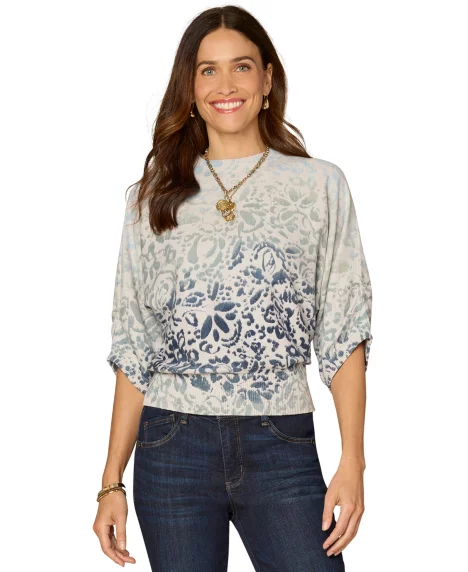 Petite Round Neck Dolman-Sleeve Printed Top - Enchanted Blue