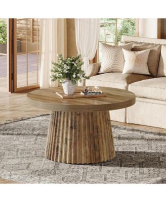 Round Coffee Table, 31.5" Modern Circle Center Table with Fluted Drum Base and Wood Grain Finish