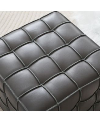 Streamdale Genuine Leather Tufted Ottoman, Footstool for Living Room & Bedroom, Grey