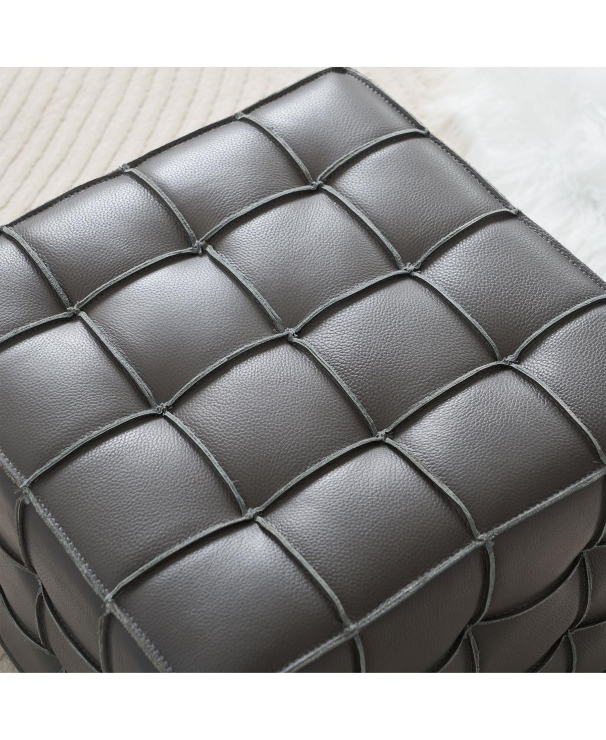 Streamdale Furniture Streamdale Genuine Leather Tufted Ottoman, Footstool for Living Room & Bedroom, Grey