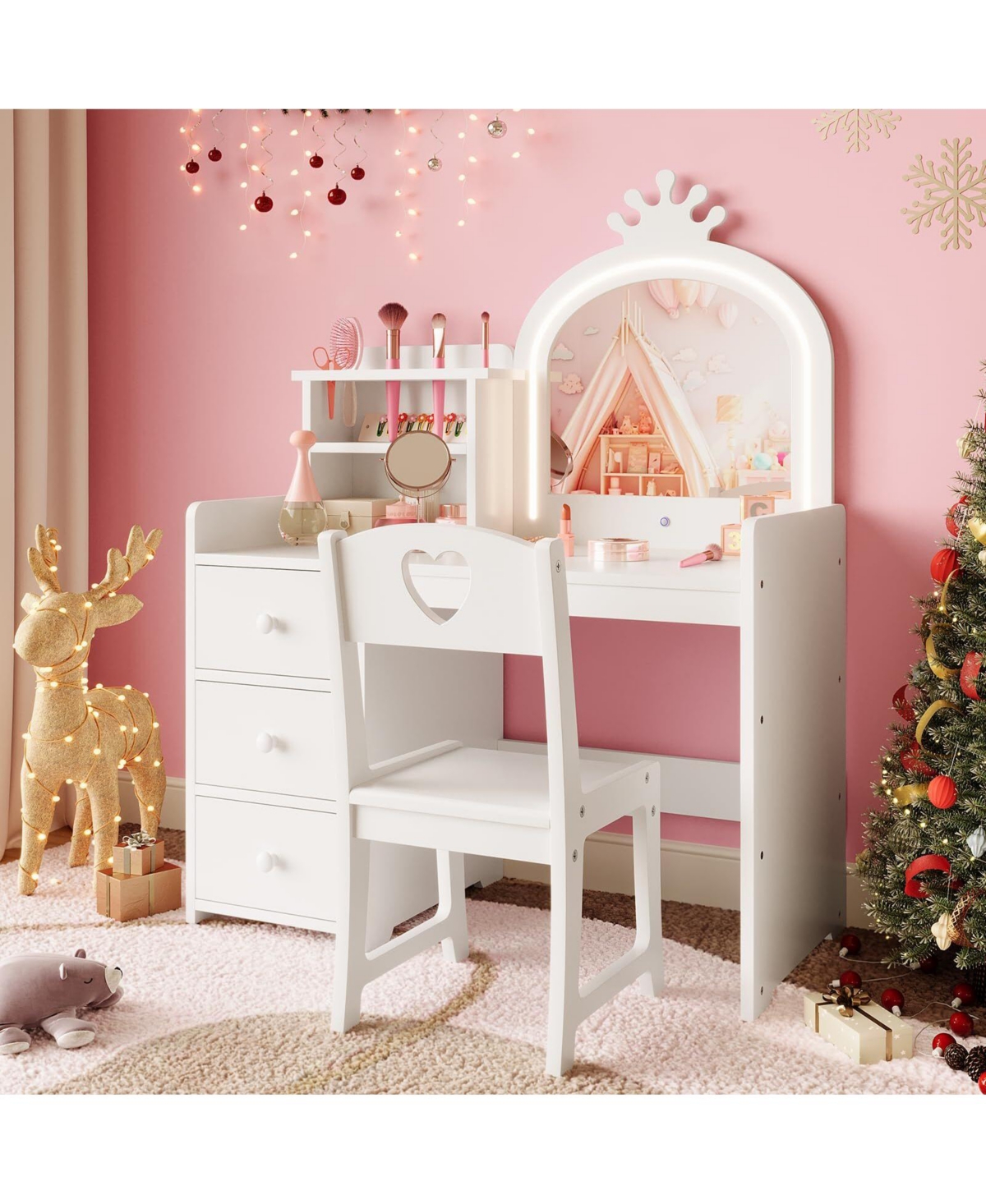 gaomon Kids Vanity Desk with Mirror and Lights, Wooden Makeup Vanity with Chair, Storage Shelves and Drawers, 2-in-1 Girls Dressing Table
