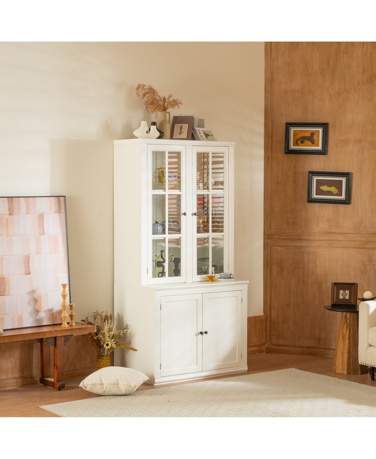 Hd Glass Door Display Cabinet with Retro Modern Design Ample Storage and Expandable Modular System