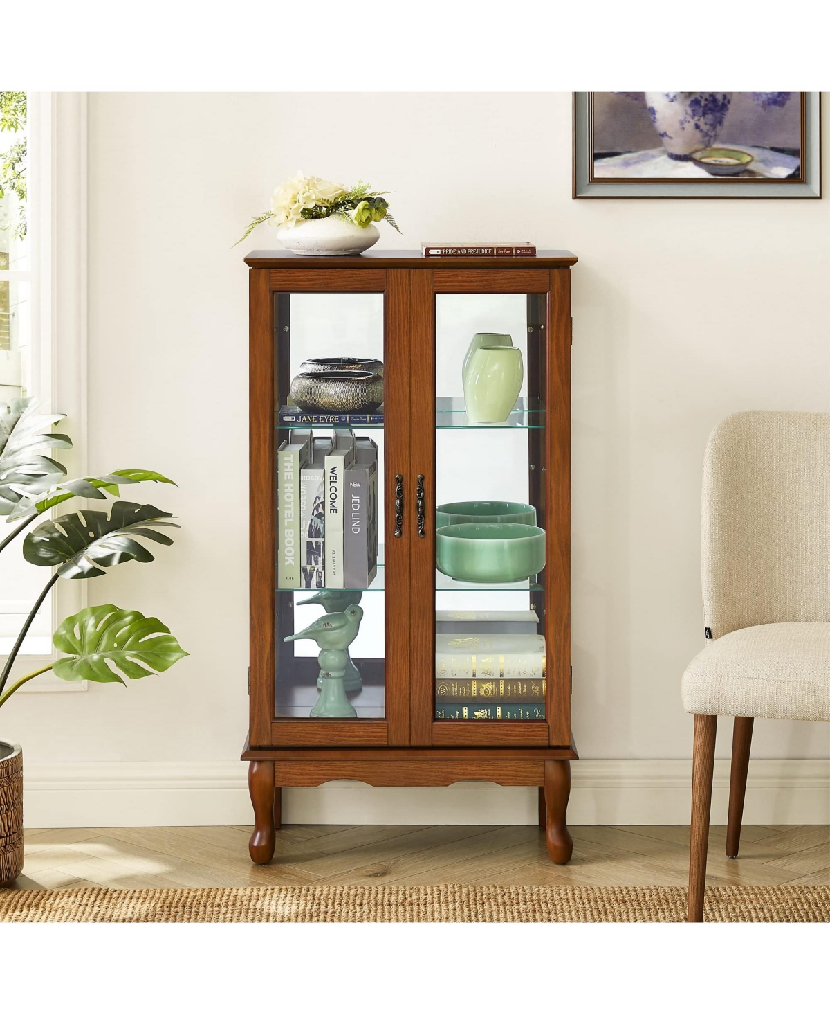 Corner Display Cabinet with Mirrored Panel Tempered Glass Shelves and Classic Style