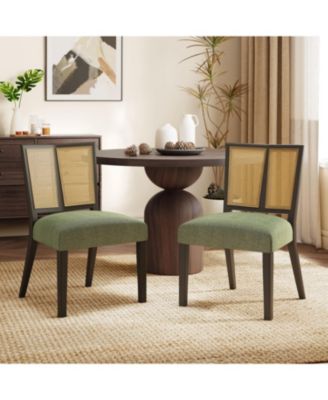 Rattan Dining Chair Without Arm(dark brown+green) Set of 2
