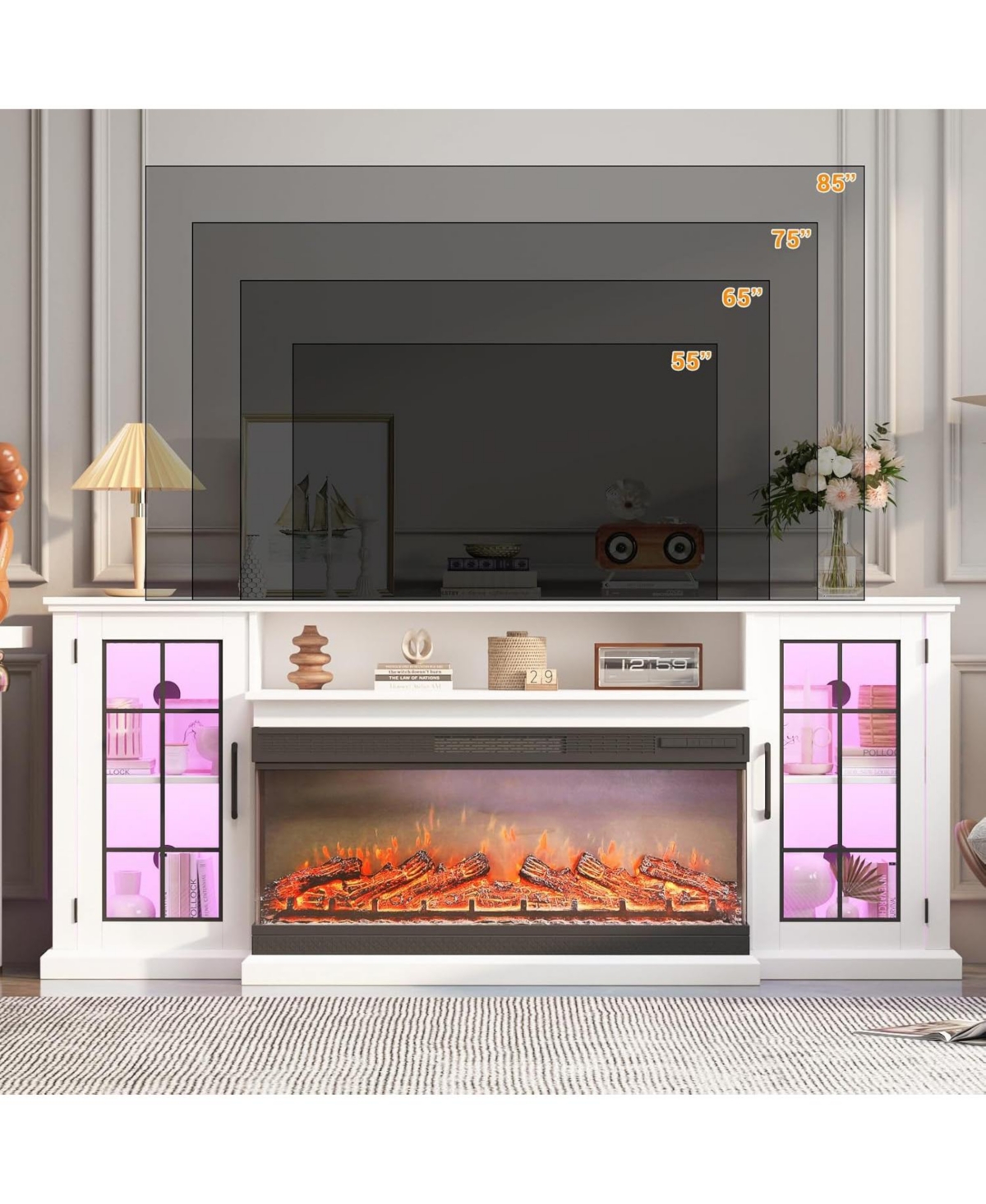 Gaomon 75" 3-Sided Glass Fireplace Tv Stand, Fits 85" Tv, Rustic Console with Led Lights & Glass Door Storage