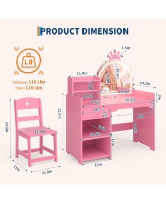 GraveeHome 2Pc MDF Mirror and Lights, Makeup Vanity Desk with Drawer and Storage Shelves Kids Vanity Table and Chair Set