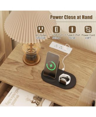 1PC Nightstand with Charging Station Drawer Compartment Modern Side End Table