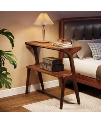 Solid Wood Side Table, 2-Tier Farmhouse Couch Side Table, Rustic Brown