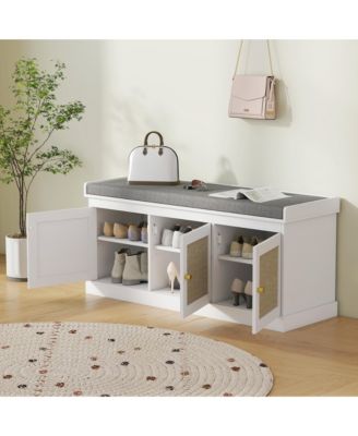 Shoe Bench with Rat Doors, Cushion, Entryway Shoe Storage,
