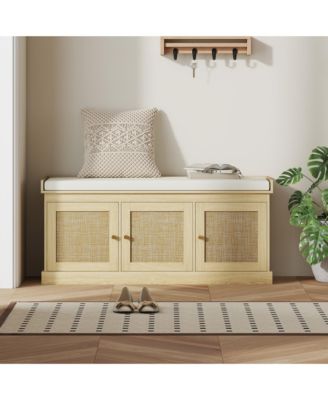 Shoe Bench with Rat Doors, Cushion, Entryway Shoe Storage,