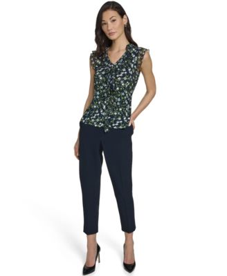 Women's Floral Vine Mixed Media Ruffle Top