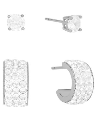 And Now This - Cubic Zirconia in 18k Silver and Gold Plated Hoop and Stud Earrings, 2-Piece Set
