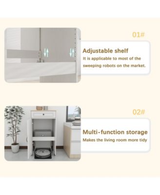 Antique White Rolling Storage Cabinet with Adjustable Shelf and Robot Vacuum Hideaway