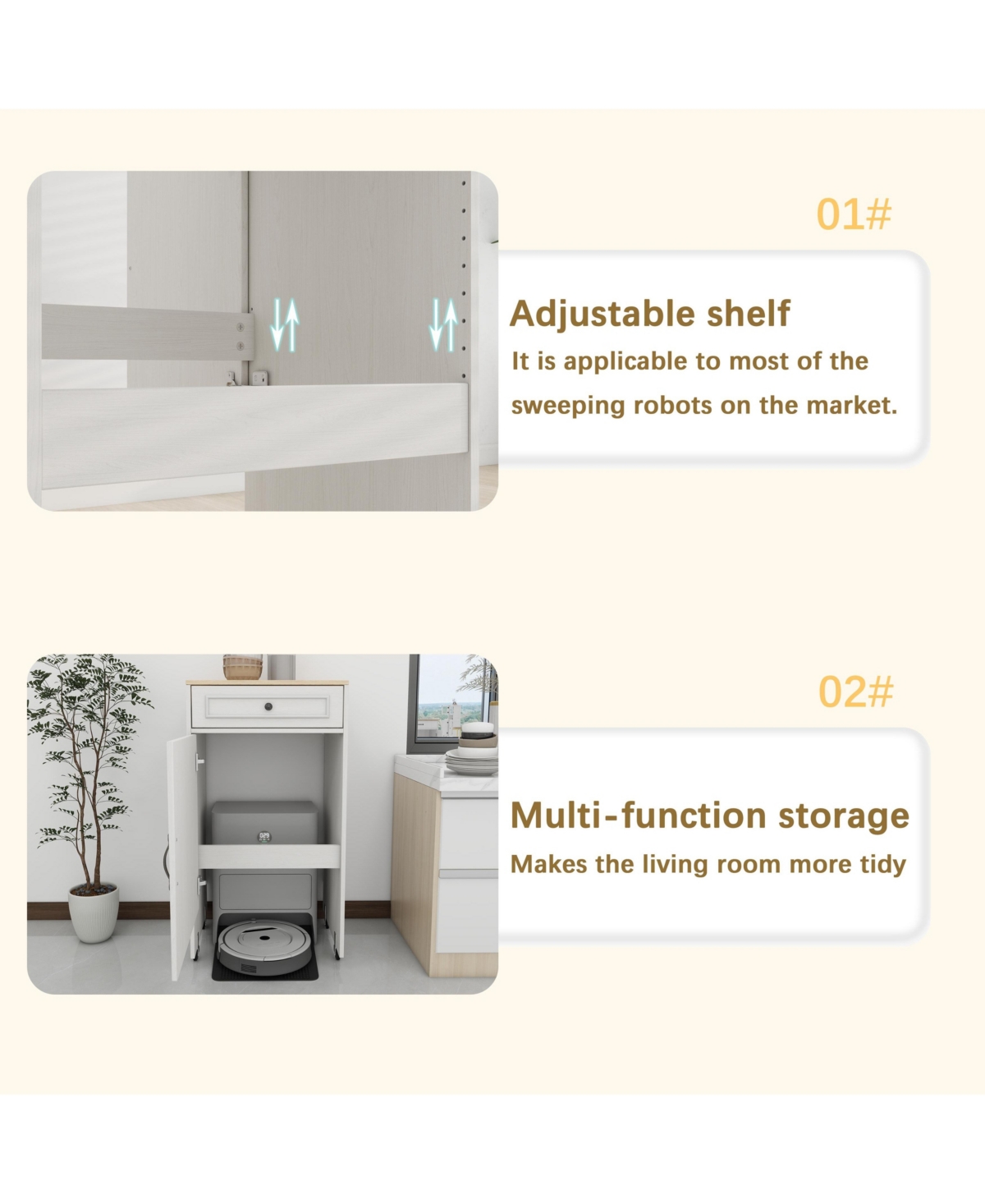 Lovmor Antique White Rolling Storage Cabinet with Adjustable Shelf and Robot Vacuum Hideaway