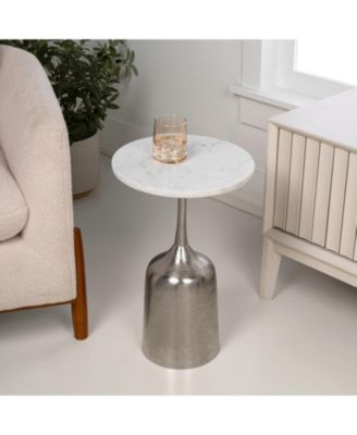 Pip 20.25" Classic Designer Metal Drink Table and Decorative End Table with White Marble Round Top and Bell Pedestal Base
