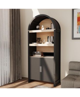 71in Tall Arched Bookcase, Modern 5 Tier Bookshelf Mid Century Arched Display Storage Cabinet with Fluted Doors Open Display Shelves, Black