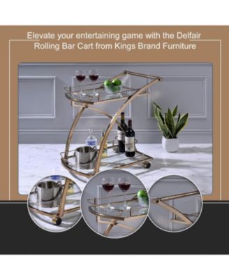 Gold Rolling Bar Cart with Glass Shelves & Wine Rack